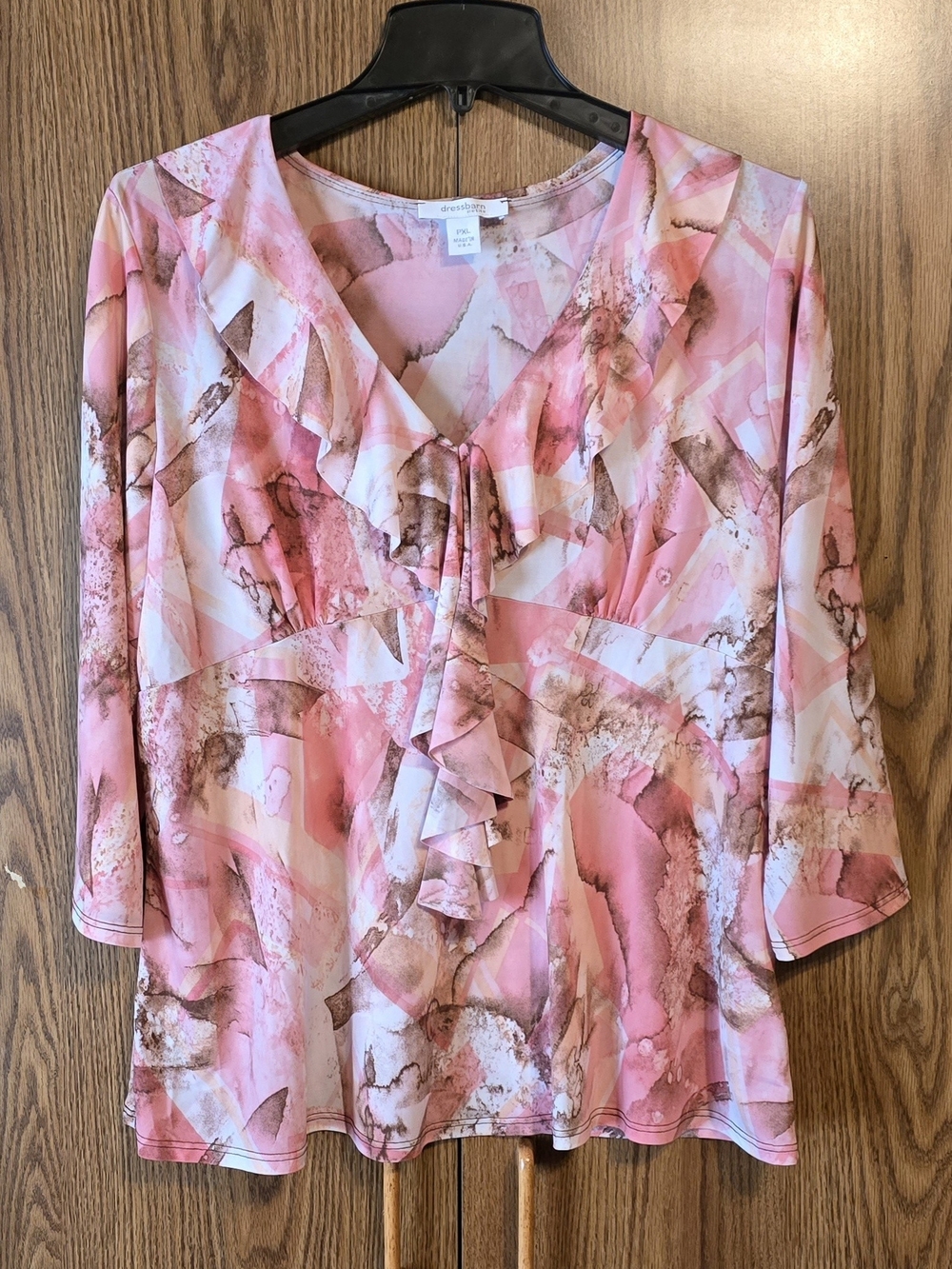 Dress Barn Pink & Brown Watercolor Ruffle Blouse